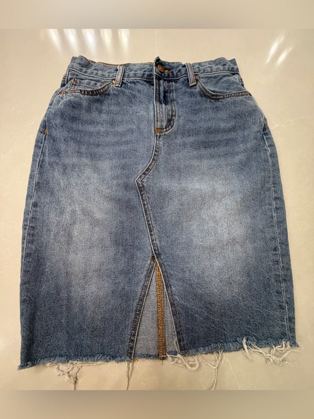 Marine Layer Celine Denim Pencil Skirt with Front Slit - Blue, Size 6